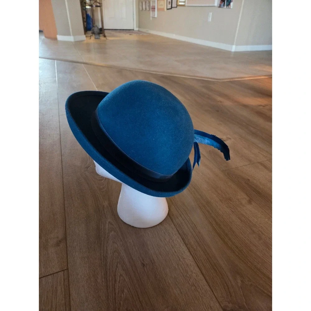 Vintage Miss Bierner Teal Blue Wool Felt Bowler Hat Feather Accent 1950s Style